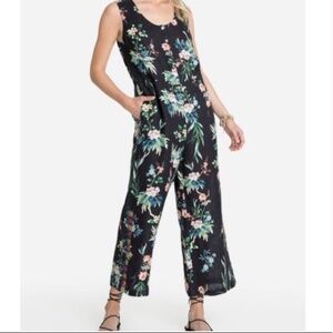 Johnny Was Sz S Tall Black Floral Linen Tank Jumpsuit Button Down Hand Pockets